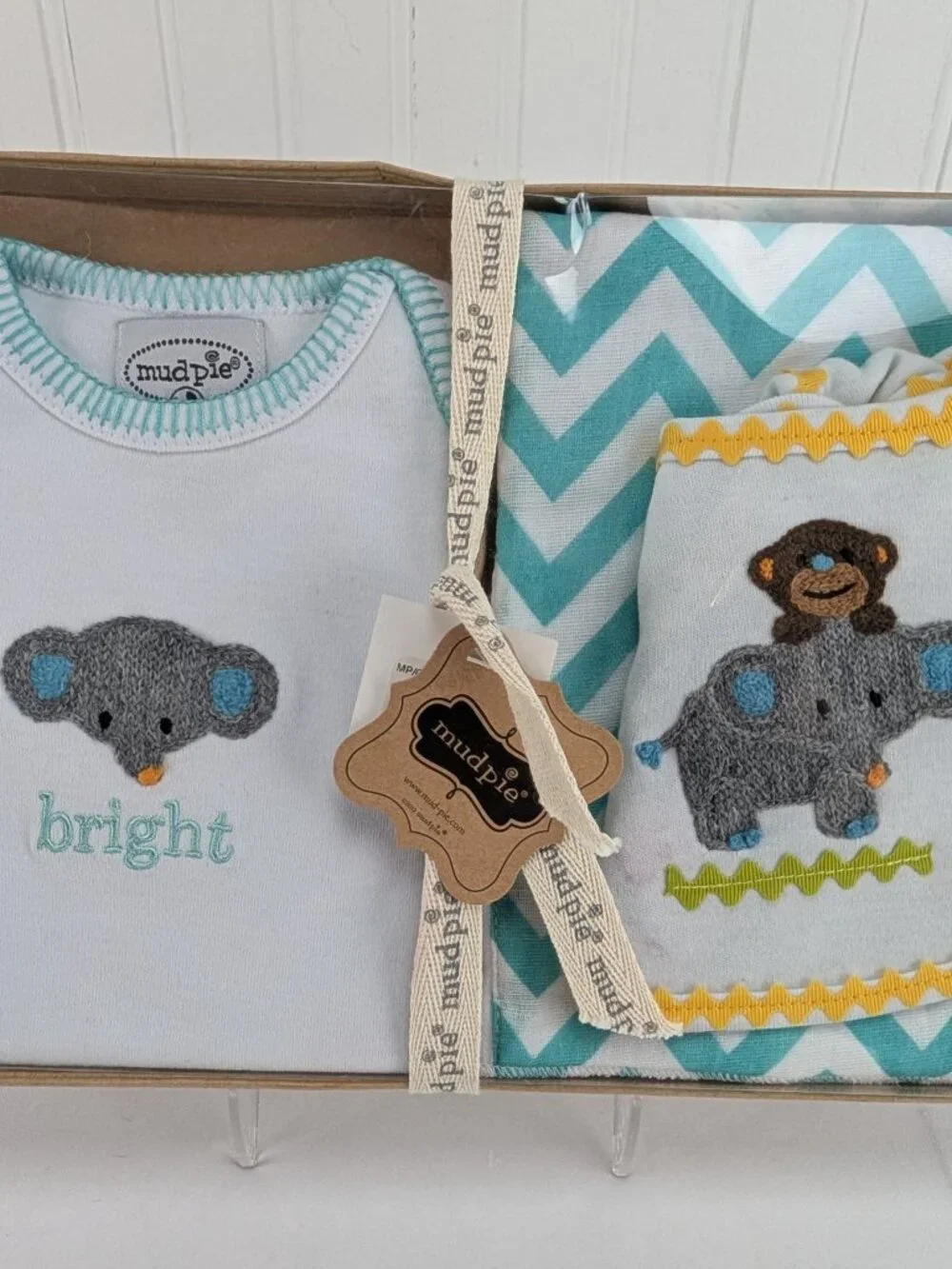 Mud Pie Elephant Crawler Burp Set 0-6 Months Gender Neutral Baby Gift 3 Piece